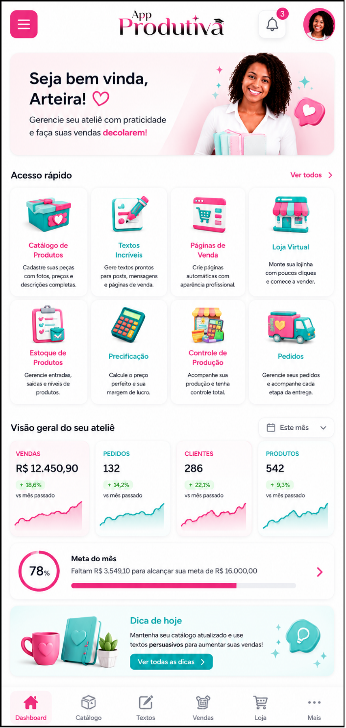 Tela real do App Produtiva com catálogo, textos, páginas de venda, loja virtual, estoque, precificação, produção, pedidos e visão geral do ateliê