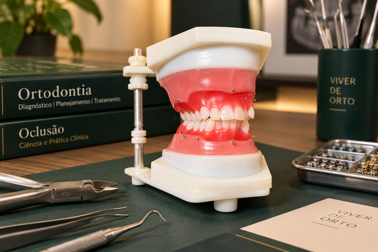 Typodont com bráquetes colados e materiais de Ortodontia sobre a mesa