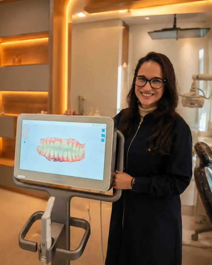 Dentista da OdontoCentro ao lado do scanner digital iTero no consultório em Botucatu