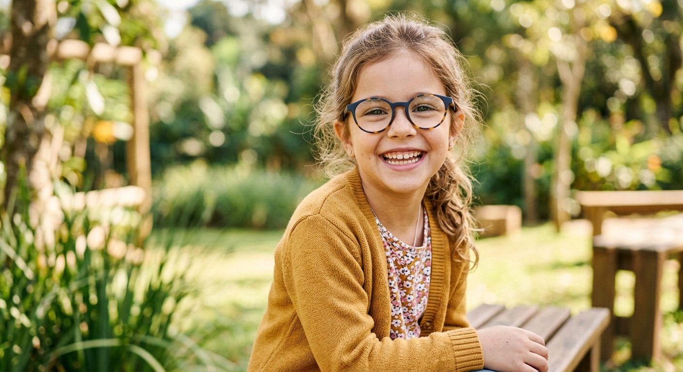 Criança experimentando armação de óculos no Espaço Kids da Óticas Brasil