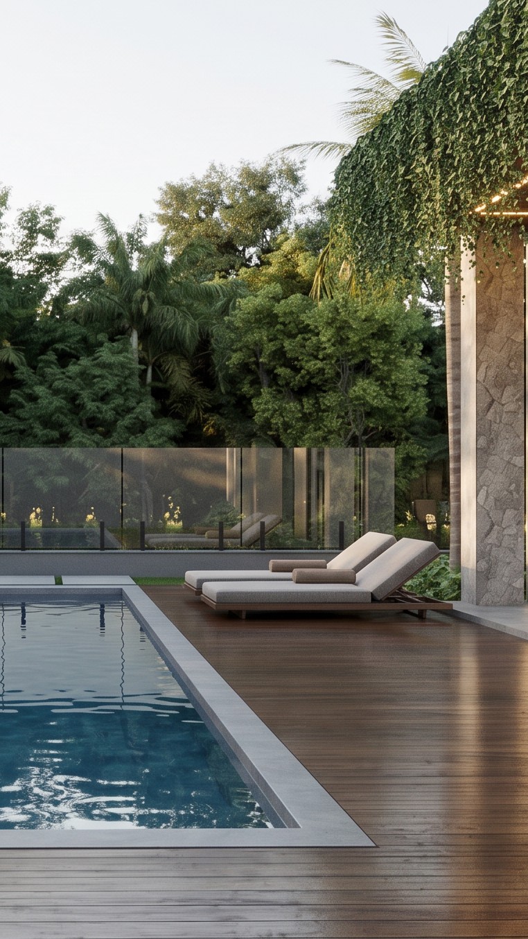 Deck de madeira, espreguiçadeiras e piscina em projeto residencial