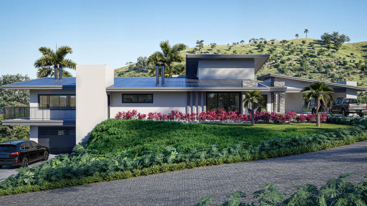 Residência implantada em encosta com jardim e volumes horizontais