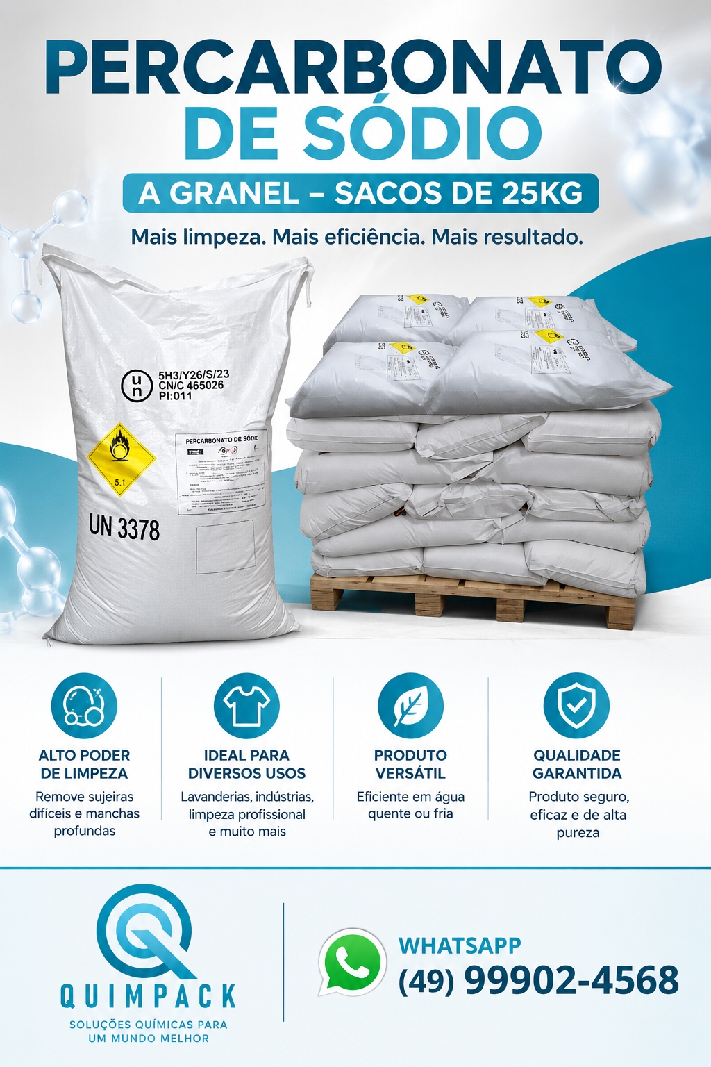 Saco de percarbonato de sódio 25kg Quimpack ao lado de palete com sacos industriais
