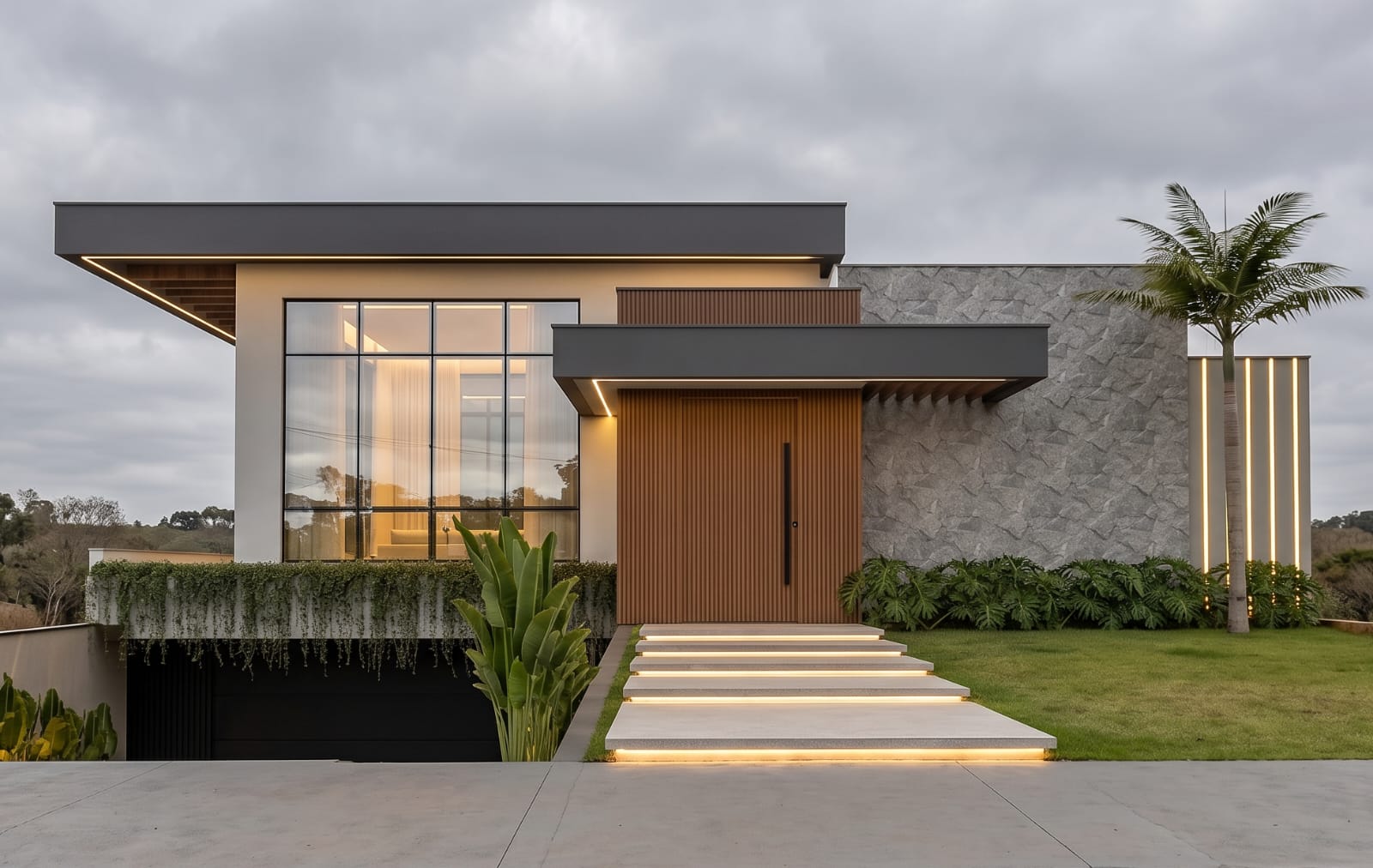 Residência contemporânea com fachada em madeira, pedra e iluminação linear