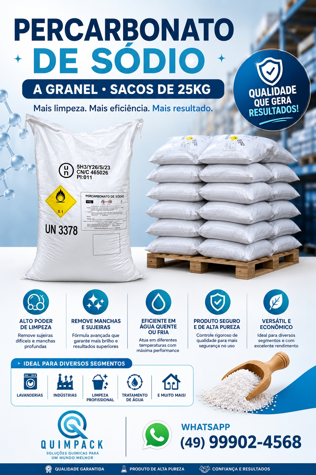 Percarbonato de sódio Quimpack a granel em sacos de 25kg empilhados no palete