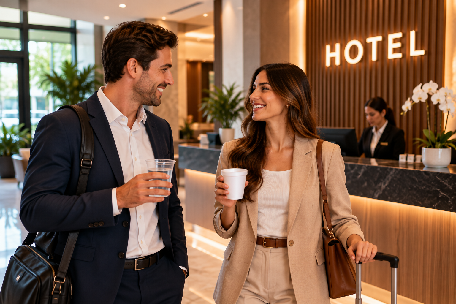 Hóspedes na recepção do hotel com copos descartáveis, prontos para o atendimento