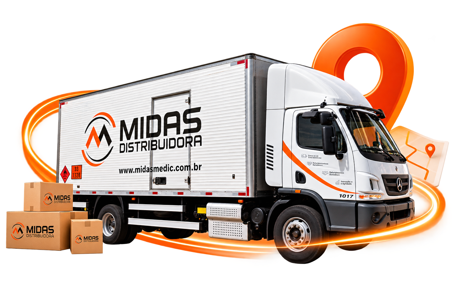 Caminhão da Midas Distribuidora realizando entrega em Concórdia e região