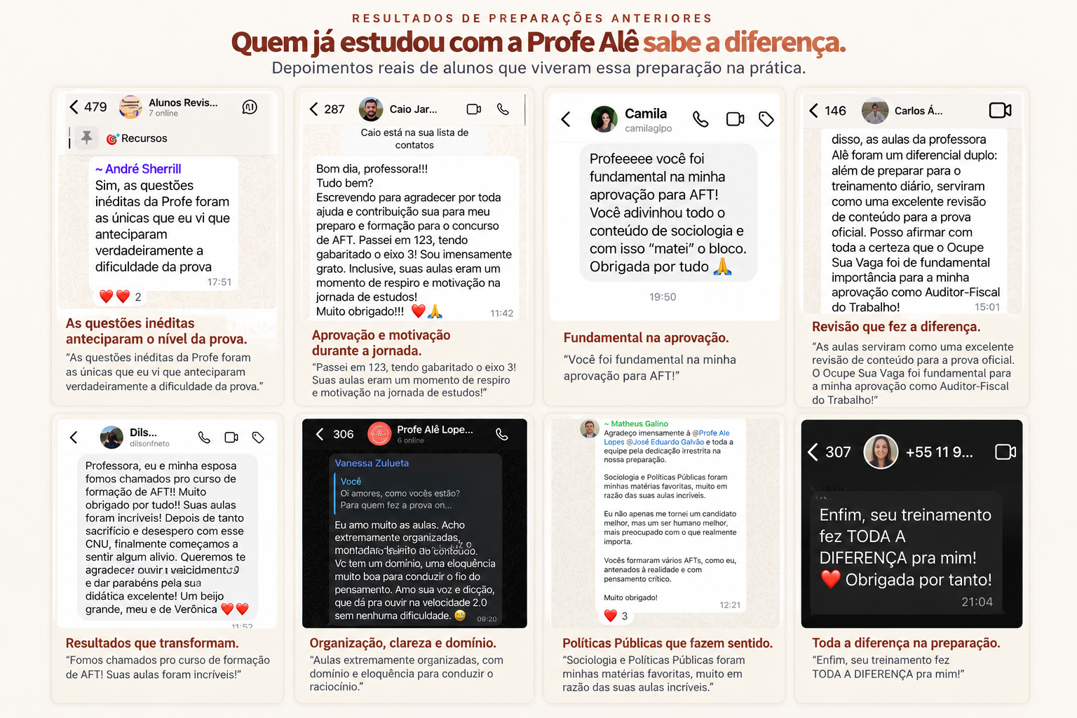 Depoimentos reais de alunos em preparações anteriores da Profe. Alê Lopes