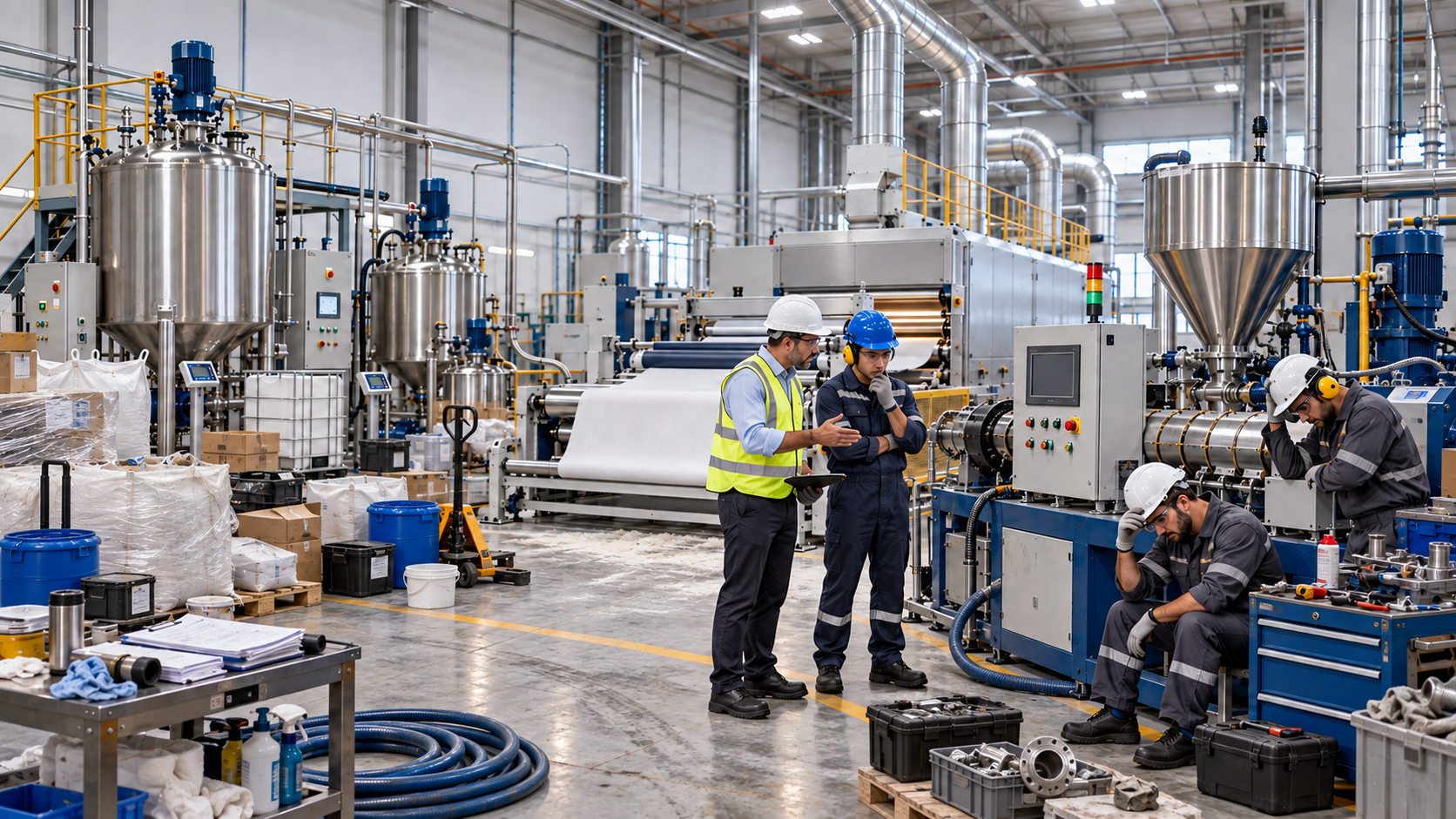 Linha de produção industrial com equipamentos e operação em fábrica