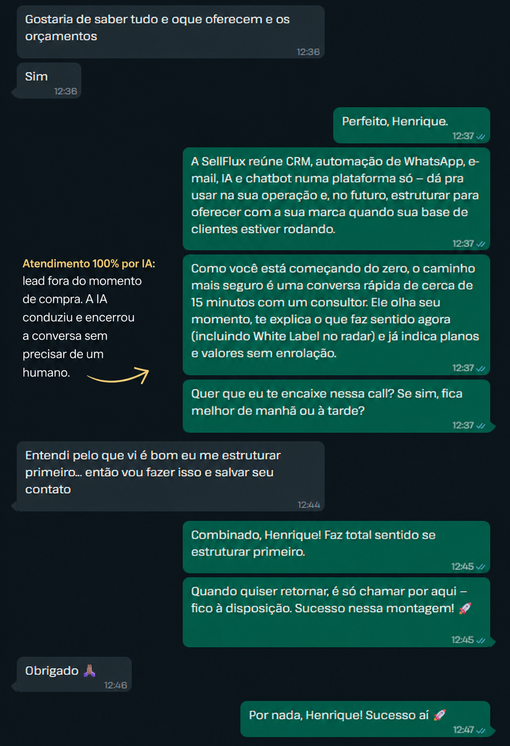 Print da conversa no WhatsApp: lead fora do momento de compra sendo atendido pela IA
