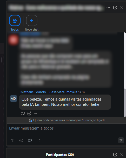 Print de depoimento no chat sobre visitas agendadas pela IA