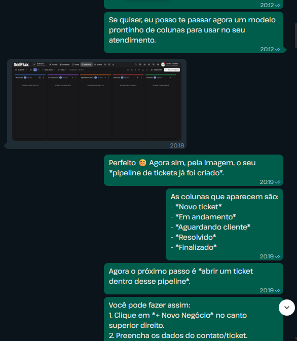 Conversa real: a Fluxy orientando a criação do pipeline de tickets no WhatsApp