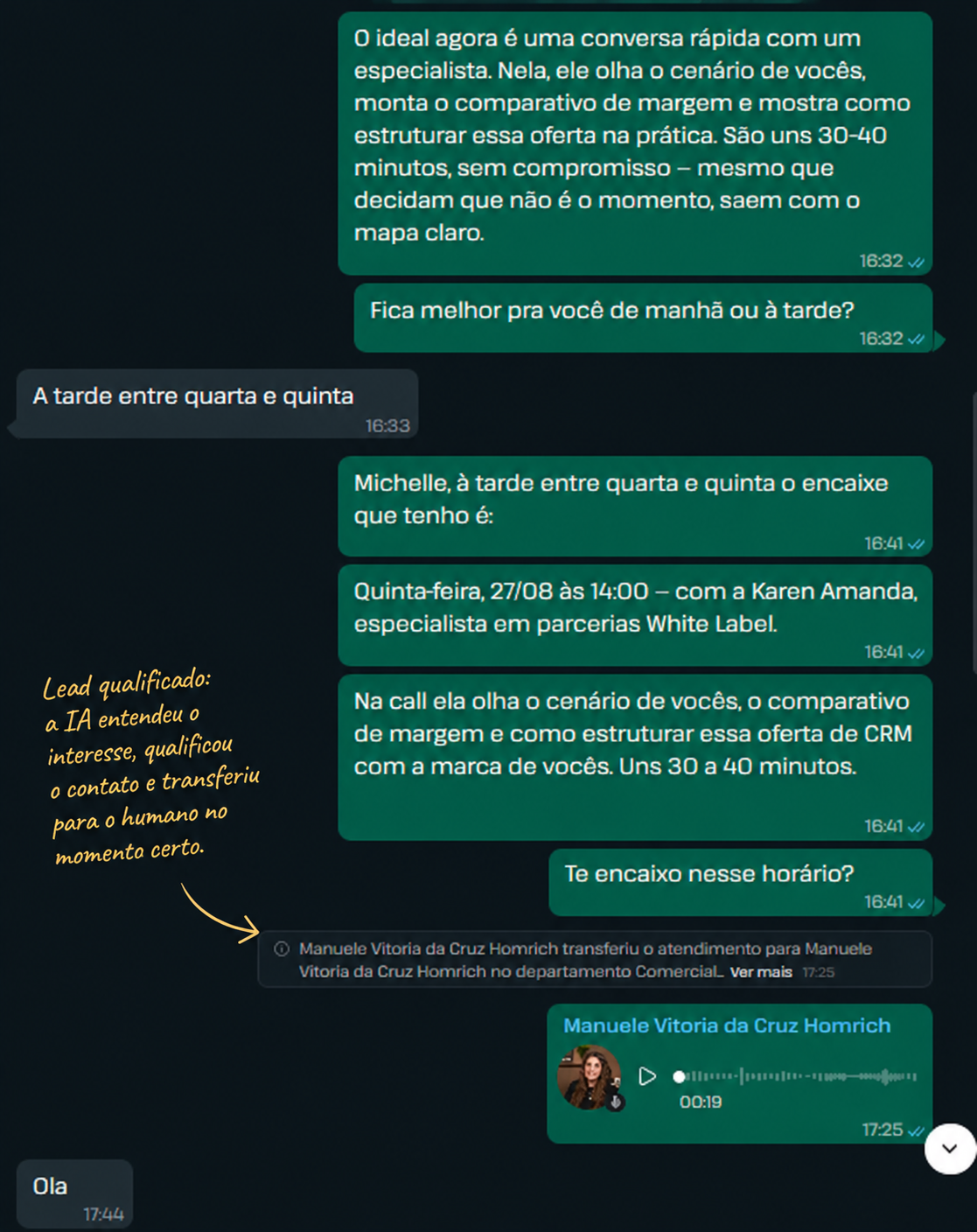 Print da conversa no WhatsApp: lead MQL qualificado com contexto, encaminhado ao vendedor